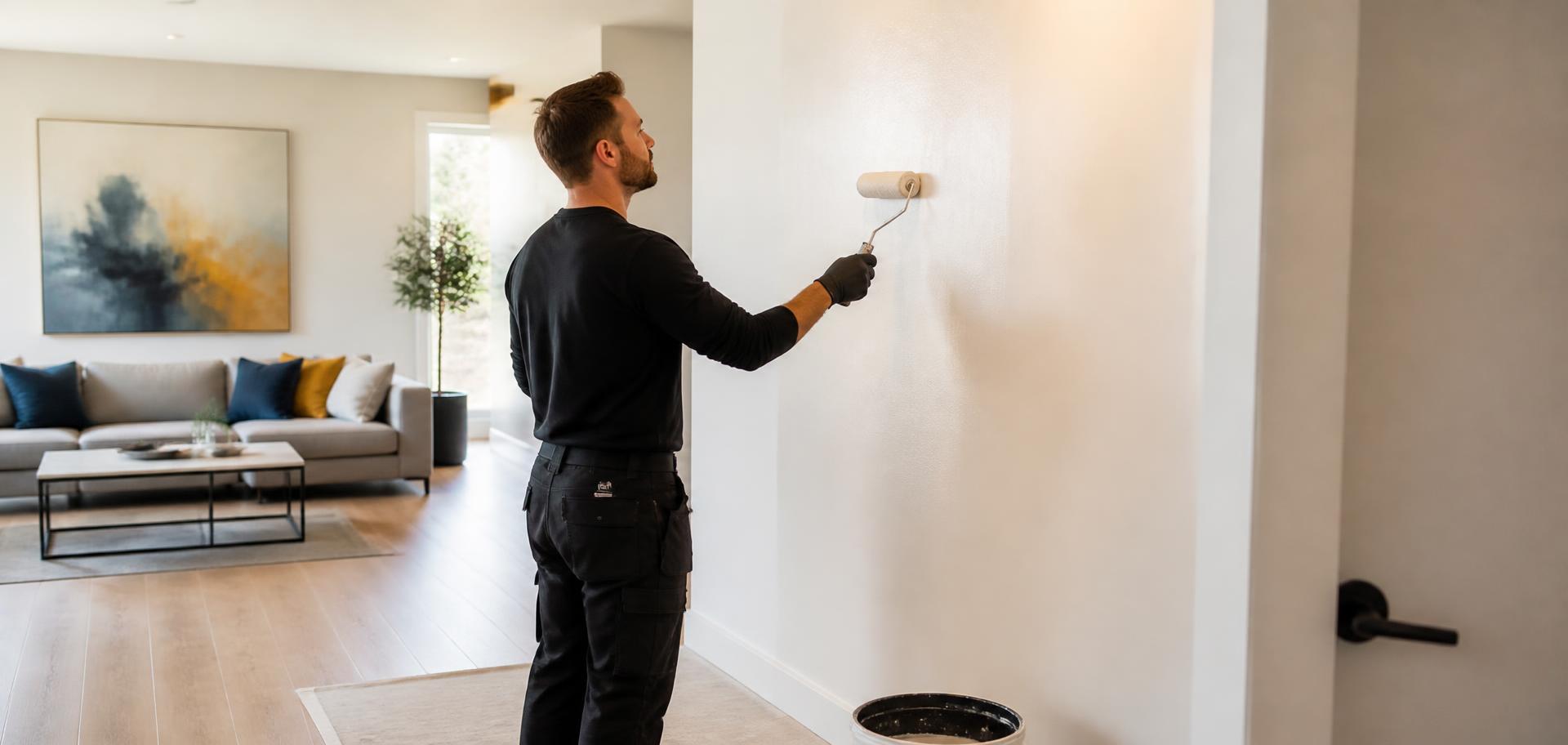 Malermeister streicht eine Wand in einem hellen, modernen Wohnraum