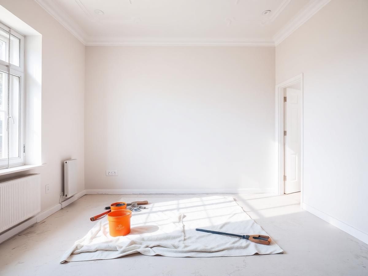 Renovierter Wohnraum mit Abdeckvlies und Malerwerkzeug